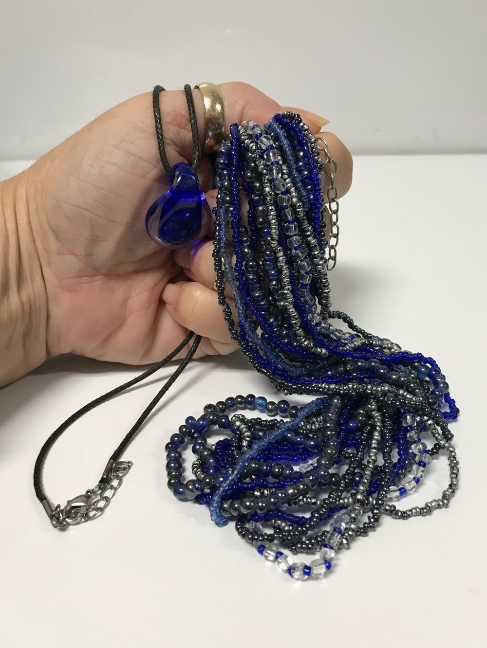 1 Multi Strand Blue Beaded Necklace & 1 Blue Glass Teardrop Pendant Necklace - Picture 7 of 7